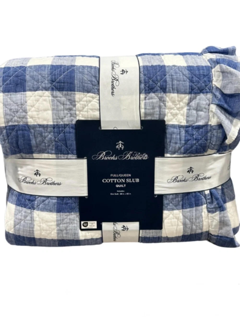 Brooks Brothers Checkered Blue and White Cotton Slub Queen Quilt w/Ruffle Trim